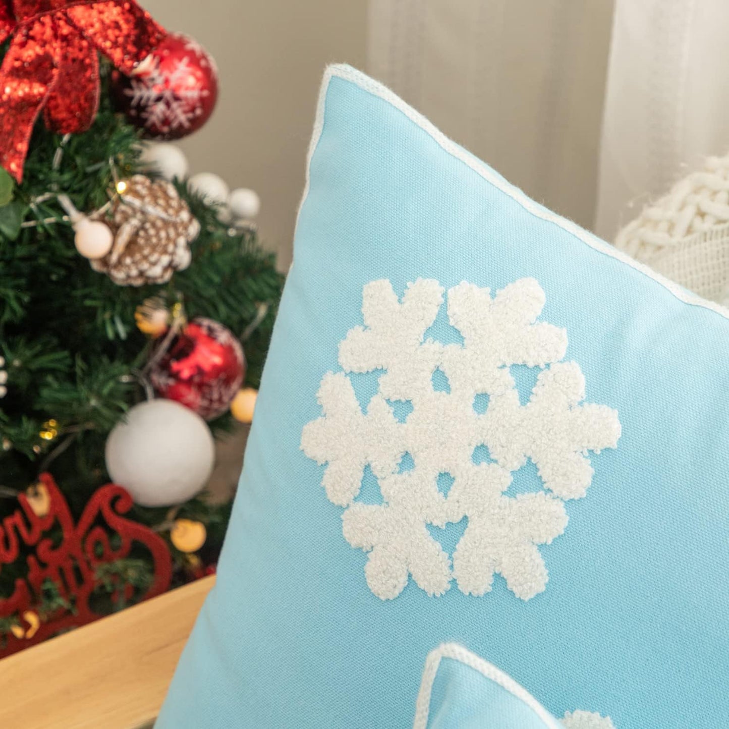 18x18,Cotton Christmas Blessing Throw Pillow Cover for Bed Sofa Cushion Car Snowflake Embroideried Pillowcases,1pair Blue