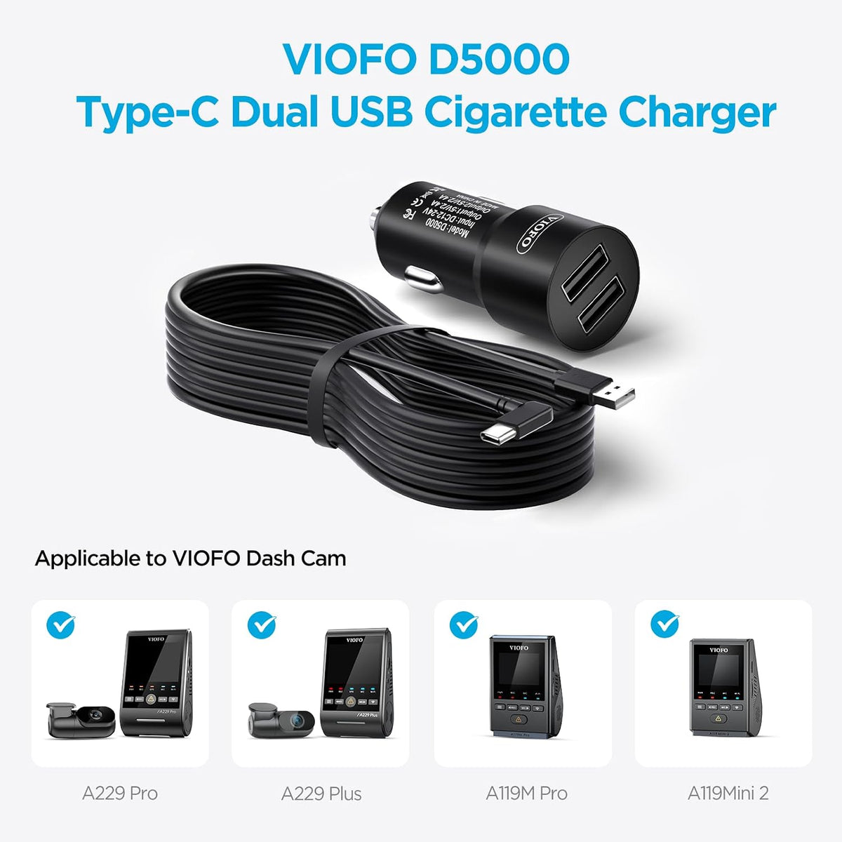 VIOFO D5000 Type-C USB Cigarette Charger with 11.4ft(3.5M) Power Cable