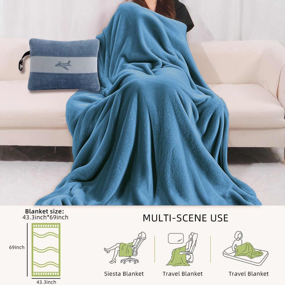 Melissa Large Soft Travel Blanket and Inflatable Pillow Set | Size - 69“ x 43.3”, Lightweight, Compact & Washable for Backpacking, Hiking, Airplane, Car, Office, Camping (Blue)