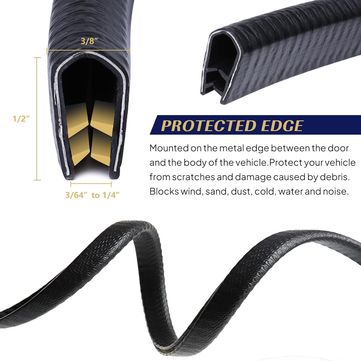 Edge Trim Black U-Channel Rubber Trim Edge with Steel 1/2" X 3/8" - Fit Gap 3/64" to1/4 Car Door Edge Sealing Strip PVC Weather Stripping with Metal, Metal Edge Protector, 28FT