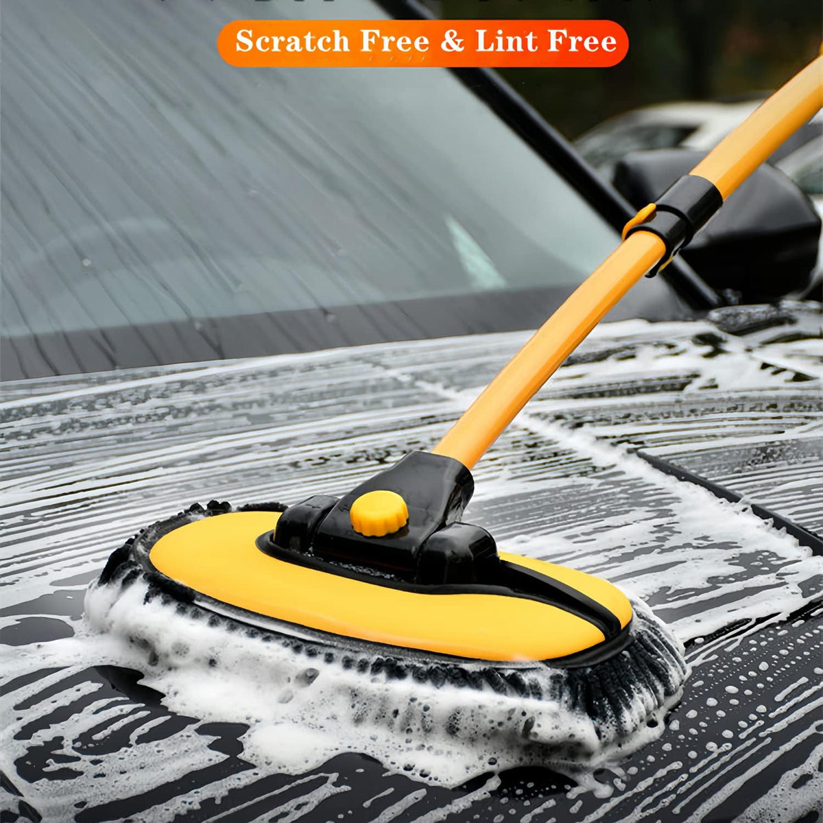 Mveqrrn15°Curved Chenille Car Wash Brush, Extendable Long Handle Mop-Yellow