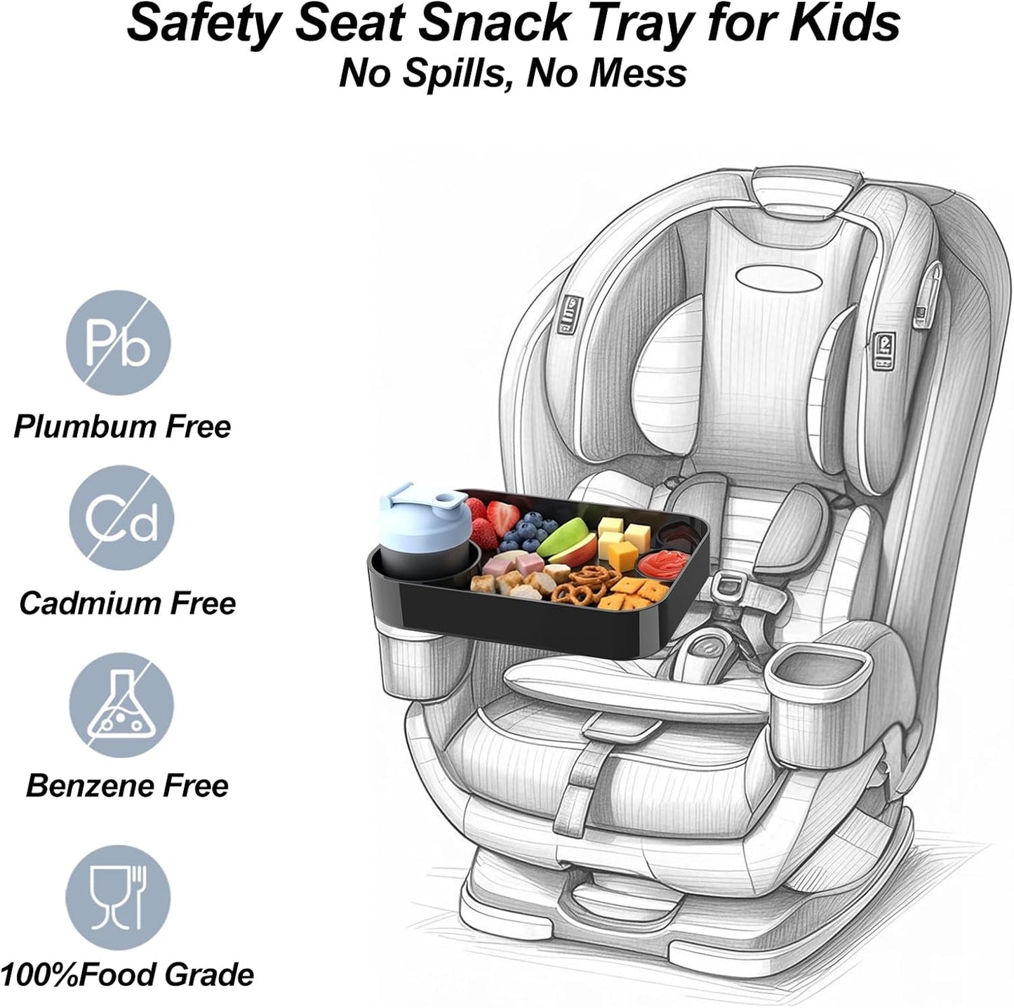 Car Seat Snack Tray for Kids, Mess-Free Square Travel Tray Cup Holder Snack Tray, Durable Car Food Tray for Toddlers, Fit Kids Travel Road Trip Essentials (1, Black)