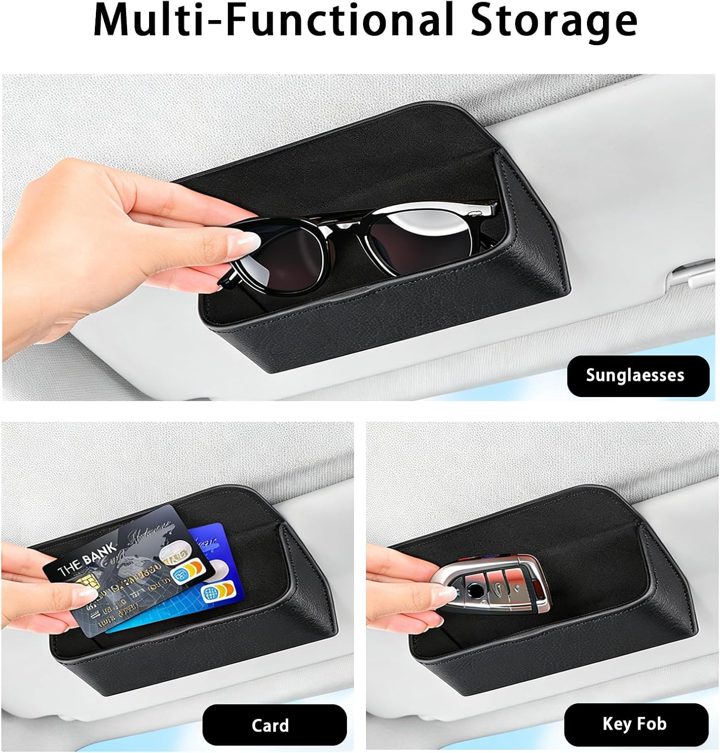 Universal Car Sunglasses Holder for Sun Visor, Premium Magnetic Leather Eyeglass Hanger Clip & Visor Organizer, Large Capacity Car Interior Accessories Fit for Women Men Black