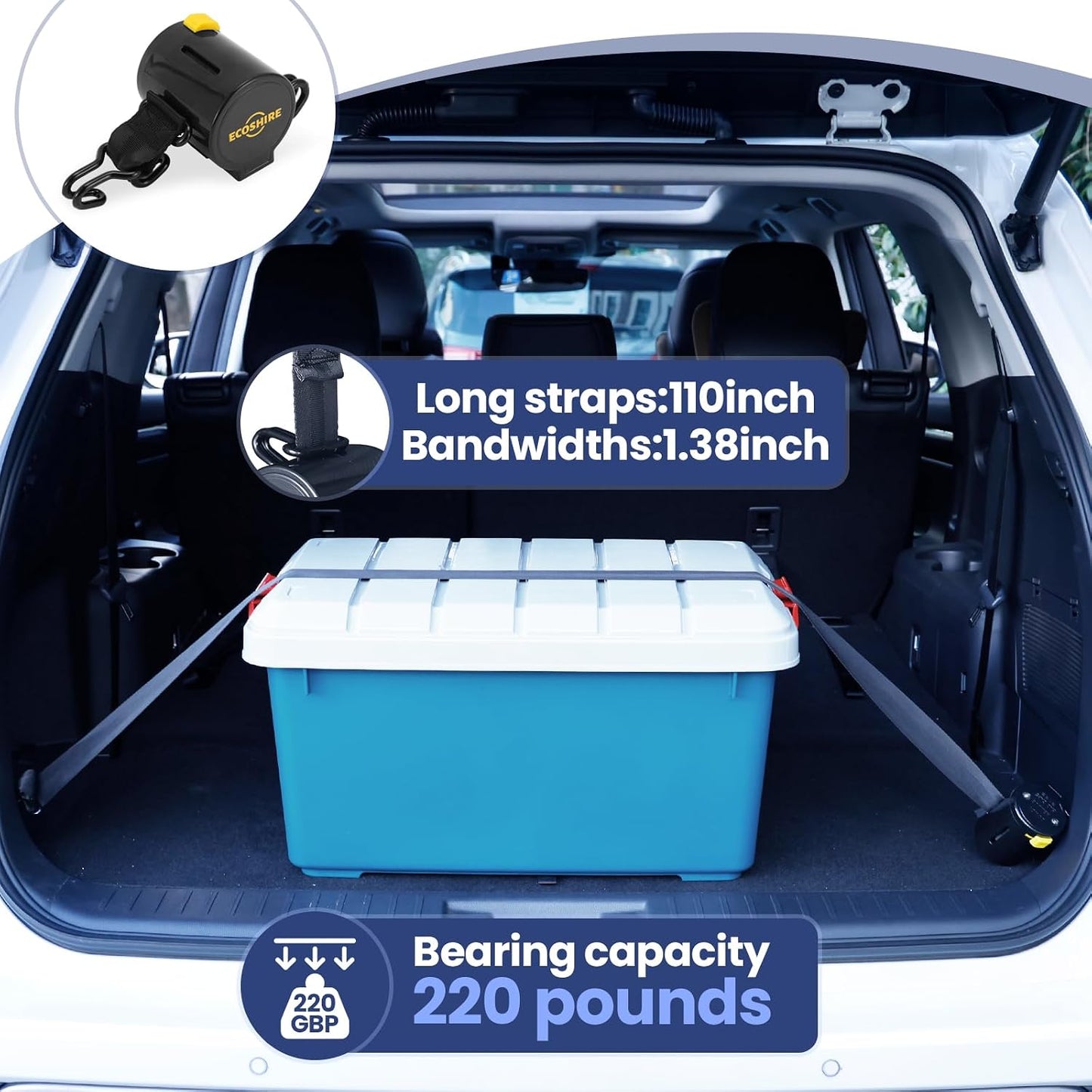 Cargo Straps for Car Trunk – Self-Retracting Tie-Down Straps – 2-Point Ratchet Tie-Down Straps with Hooks – Heavy-Duty Car Straps for Cargo Organization and Storage – for SUVs, Hatchbacks