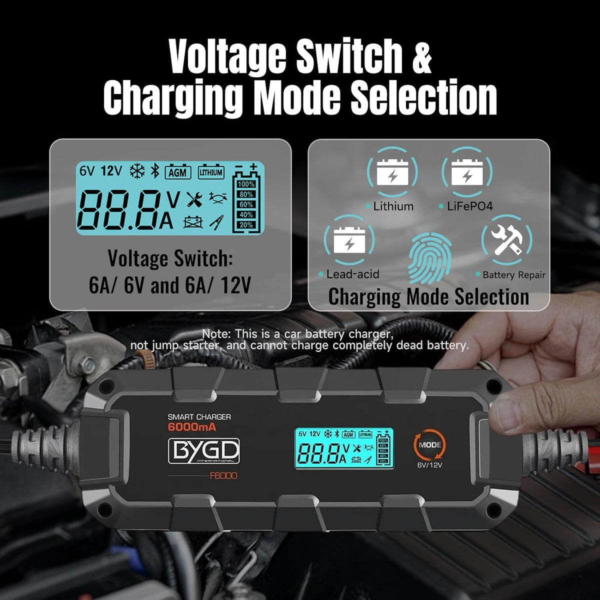 6A Car Battery Charger, 6V/12V Automative Trickle, Maintainer Battery Charger Desulfator with Temperature Compensation, LiFePO4 & Lead Acid Batteries for Motorcycle Lawn Mower Boat
