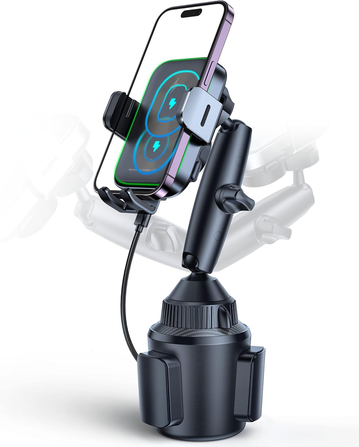 APPS2Car 15W Wireless Car Charger Cup Holder, Dual Coil, Auto Clamping