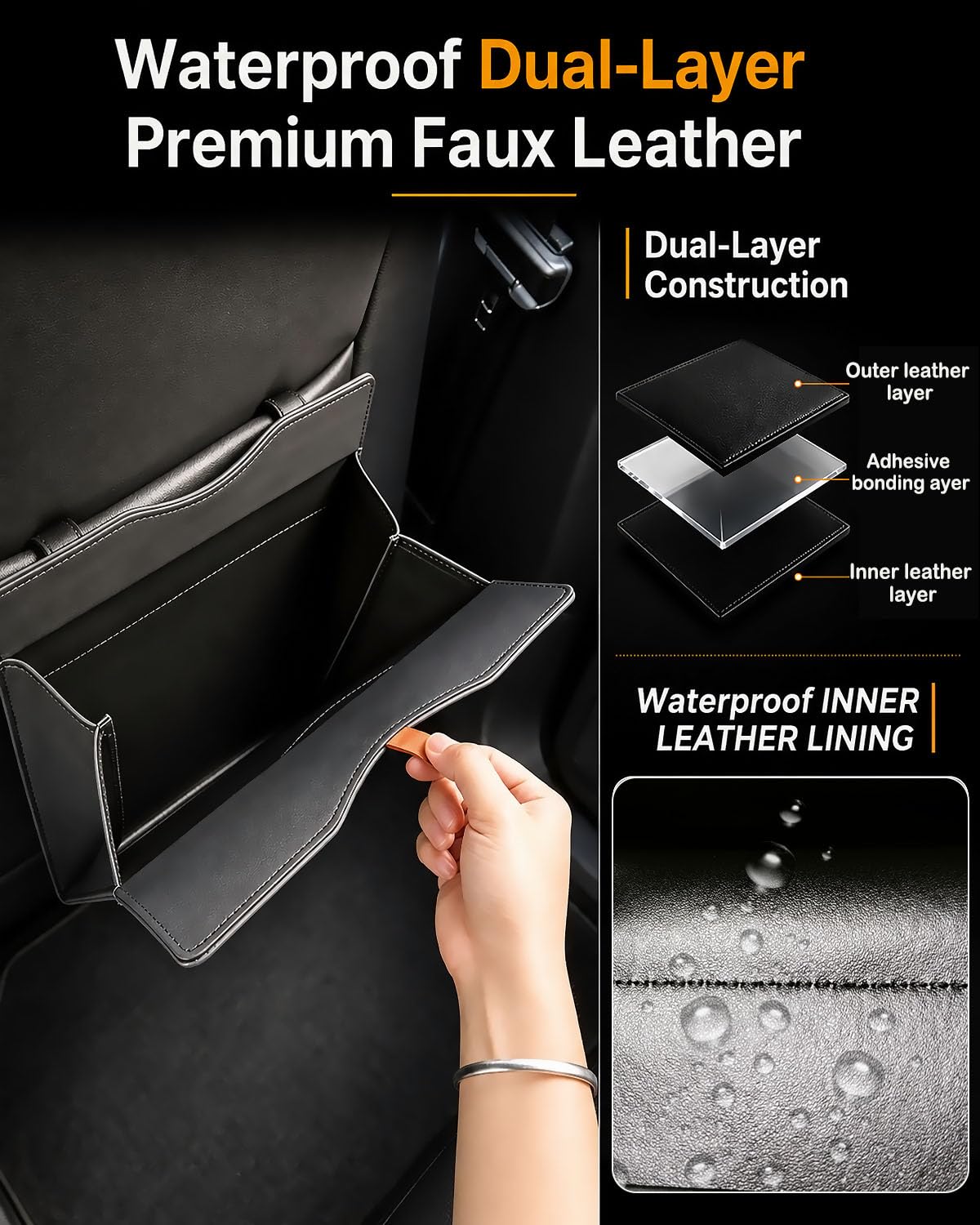 COZILO Leather Car Trash Can, Leak-Proof Odor-Lock Car Garbage Can with 60 Liners, Magnetic Closure & Liner-Hold, Storage Pocket, Metal Hooks, Hanging Car Trash Bin for SUV Sedan Truck, Black