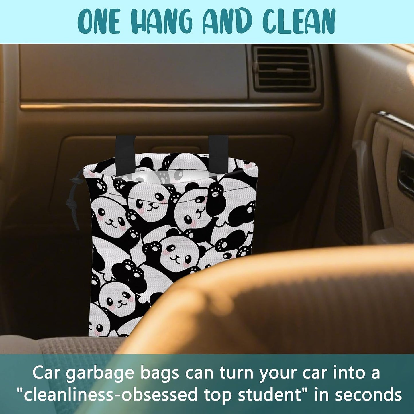 Car Garbage Bag Cute Black Panda Drawstring Car Trash Bag Hanging for Back Seat with Adjustable Buckle Canvas Vehicle Trash Can Easy-to-Install