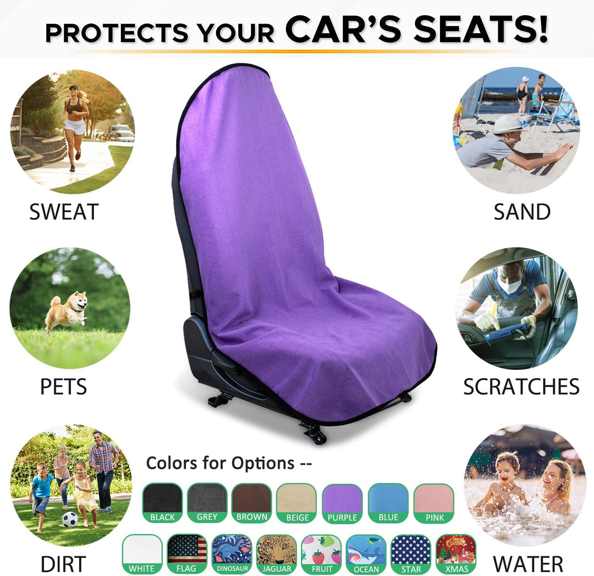 Waterproof Sweating Car Seat Cover for Post Gym Workout, Running, Swimming, Beach and Hiking, Universal Fit Non-Slip Bucket Seat Protector for Cars SUV Trucks, Machine Washable (Purple)