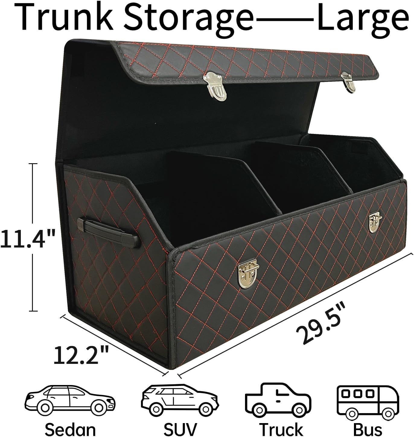 Car Trunk Organizer with Lid,Foldable Faux Leather Cargo Storage Box,3 Compartments,Collapsible Multi-Functional for SUV,Sedan,Vehicle Trunk