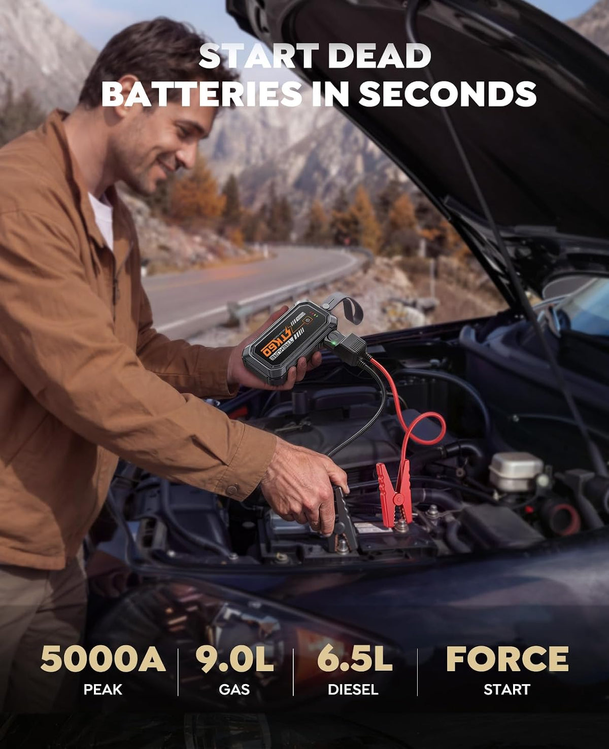 TREKURE Car Battery Jumper Starter Portable 5000A, Portable Car Jump Starter up to 10L Gas or 8L Diesel Engine, Jump Box, Jumper Cables for Car Battery, Magnetic Build, 2000LM Flashlight, Power Bank