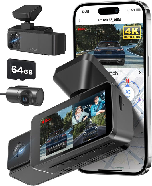 4K 3 Channel Dash Cam, 2160P+1080P+1080P Front and Rear Inside Car Camera with 64GB Card, WiFi Built-in GPS, 3“ IPS Screen, IR Night Vision, G Sensor, WDR(F3)
