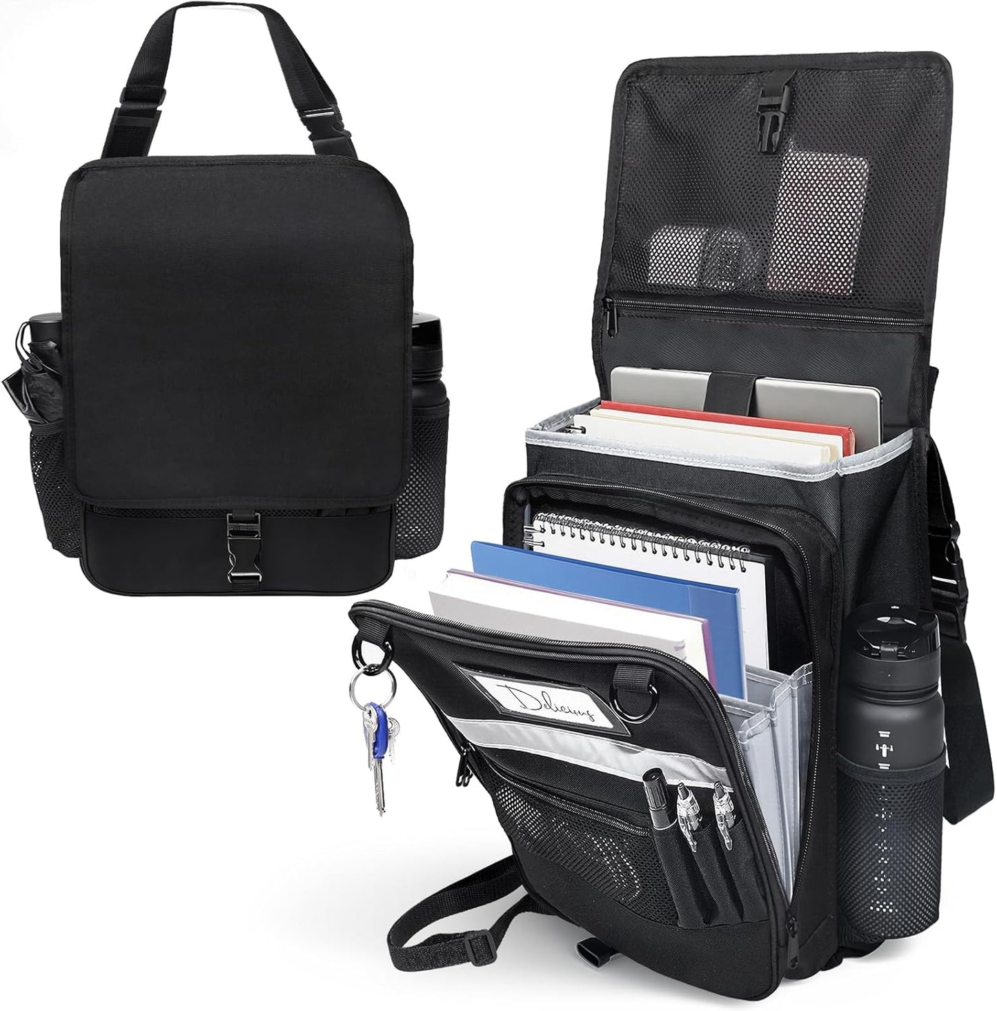 Car Front Seat Organizer with Accordion File Pocket | Laptop Sleeve (Up to 15.6 In) | Privacy Flap | Cup Holders | Adjustable Straps | Holds Tablets, Files, Supplies | for Work on the GO