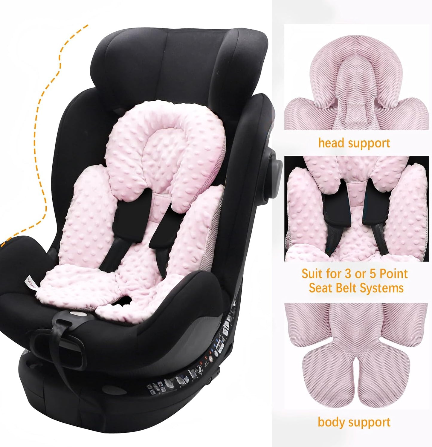 KAKIBLIN Infant Car Seat Insert, Carseat Head Insert & Body Support for Newborn, 2-in-1 Reversible Newborn Car Seat Cushion, Soft Stroller Insert for Car Seats, Bouncer, Strollers, Swing (Pink)