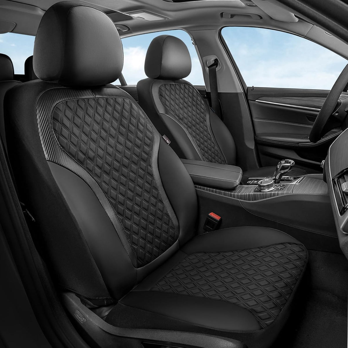 Coverado Front Seat Covers, 2-Pack Luxury Diamond Leather Car Seat Cover with Carbon Fibre Weave, Spill-Proof Driver Car Seat Protectors, Waterproof Seat Covers Universal Fit for Most Cars, Black