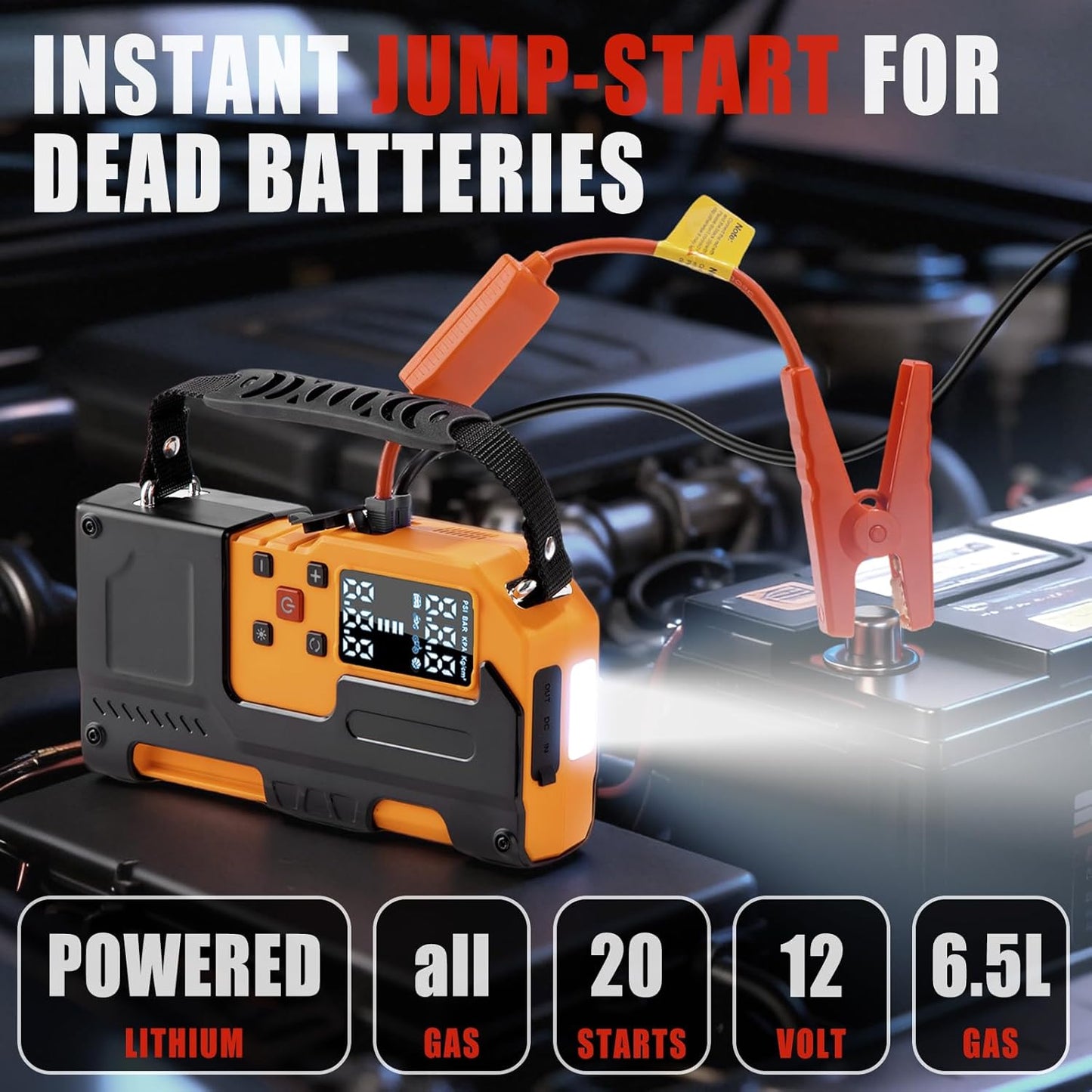 Car Roadside Emergency Kit, Jump Starter with Air Compressor, First Aid Kit, Tow Rope, Roadside Safety Emergency Tool Kit for Women, Men, Teen (Orange)