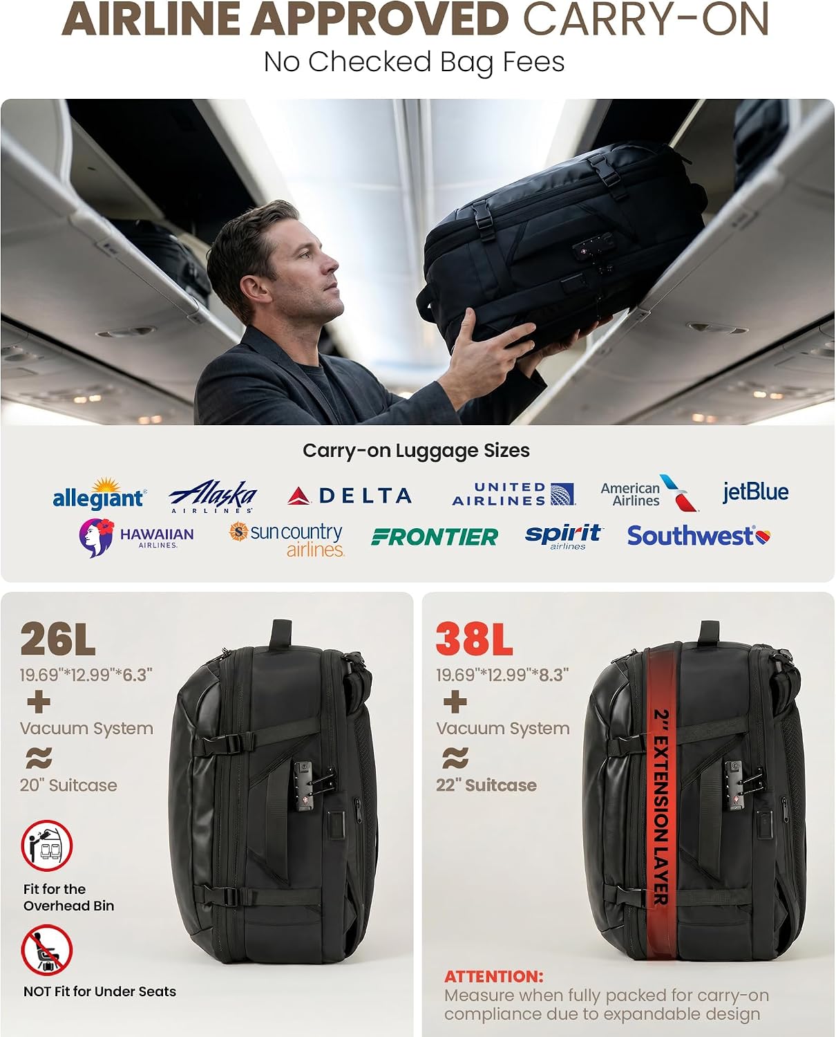 Fanwoli Travel Backpack with One-Button Vacuum System, Carry-On | Built-in Pump, Detachable Hip Belt, Expandable, TSA Lock, Water-Repellent, Wet/Dry Separate, Shoe Pocket, Fits 17" Laptop