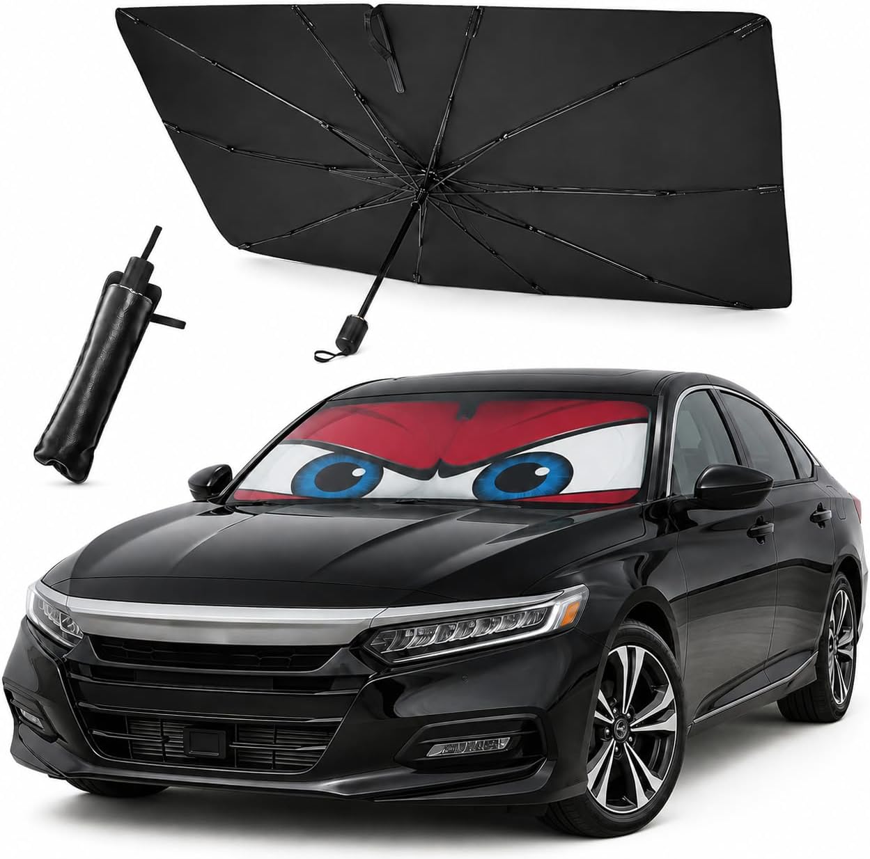 Car Windshield Sun Shade Umbrella, Universal Fit Mid-Large Sedans & SUVs | 57 x 31", Foldable UV Heat Blocking Front Window Sunshade with Rearview Mirror Cutout, Angry Red Eyes