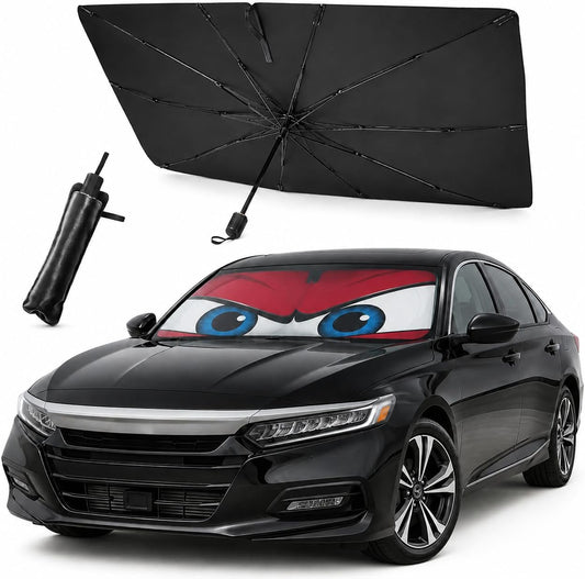 Car Windshield Sun Shade Umbrella, Universal Fit Mid-Large Sedans & SUVs | 57 x 31", Foldable UV Heat Blocking Front Window Sunshade with Rearview Mirror Cutout, Angry Red Eyes