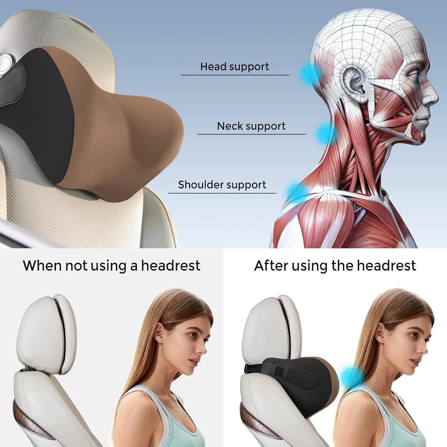 BEBAS Car Headrest Pillow, Memory Foam Neck Support Pillow for Cars - Ergonomically Designed for Long Drives, Travel & Commuting, Pain Relief with Removable & Washable Cover (Brown,1-Pack)