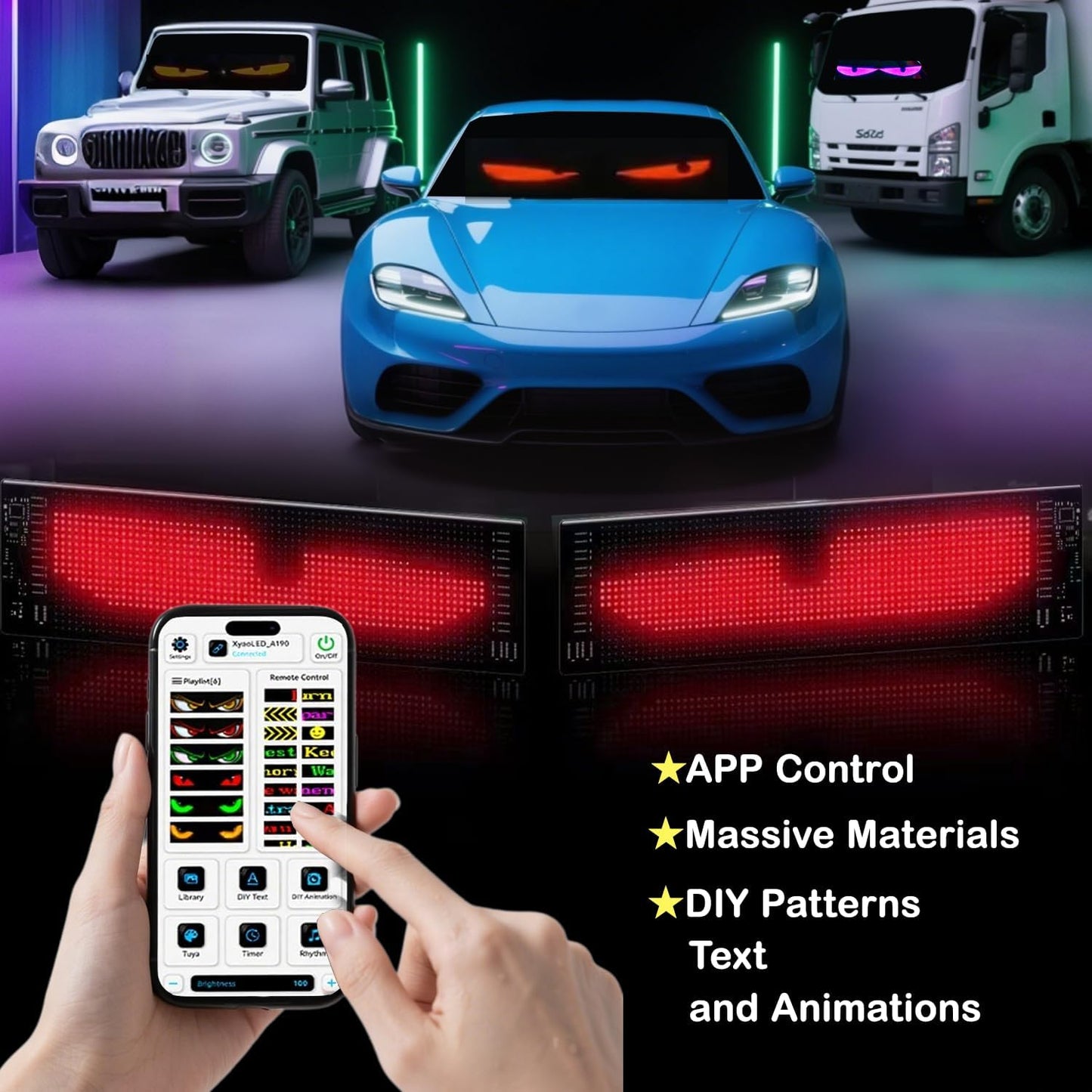 LED Devil Eye Lights for Windshield, LEDs Flexible APP Control Programmable LED Sign for Car Truck Motorcycle RV Window, Custom Animated Eyes Matrix Panel with Remote