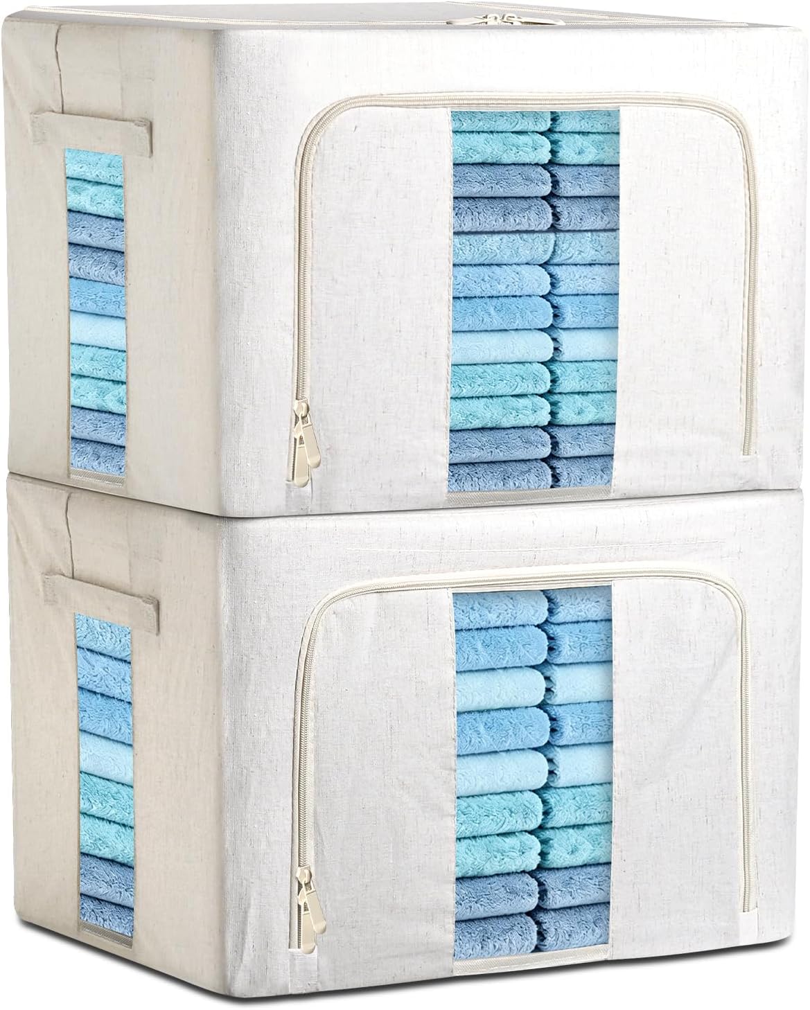 Foldable Clothes Storage Bins with Solid core powder-coated steel fram, 24/ 66L Storage Bags Fabric Box Organizer with Clear Window Zippers Sturdy Handles 2 Pack (Beige, 66L 1Pack)