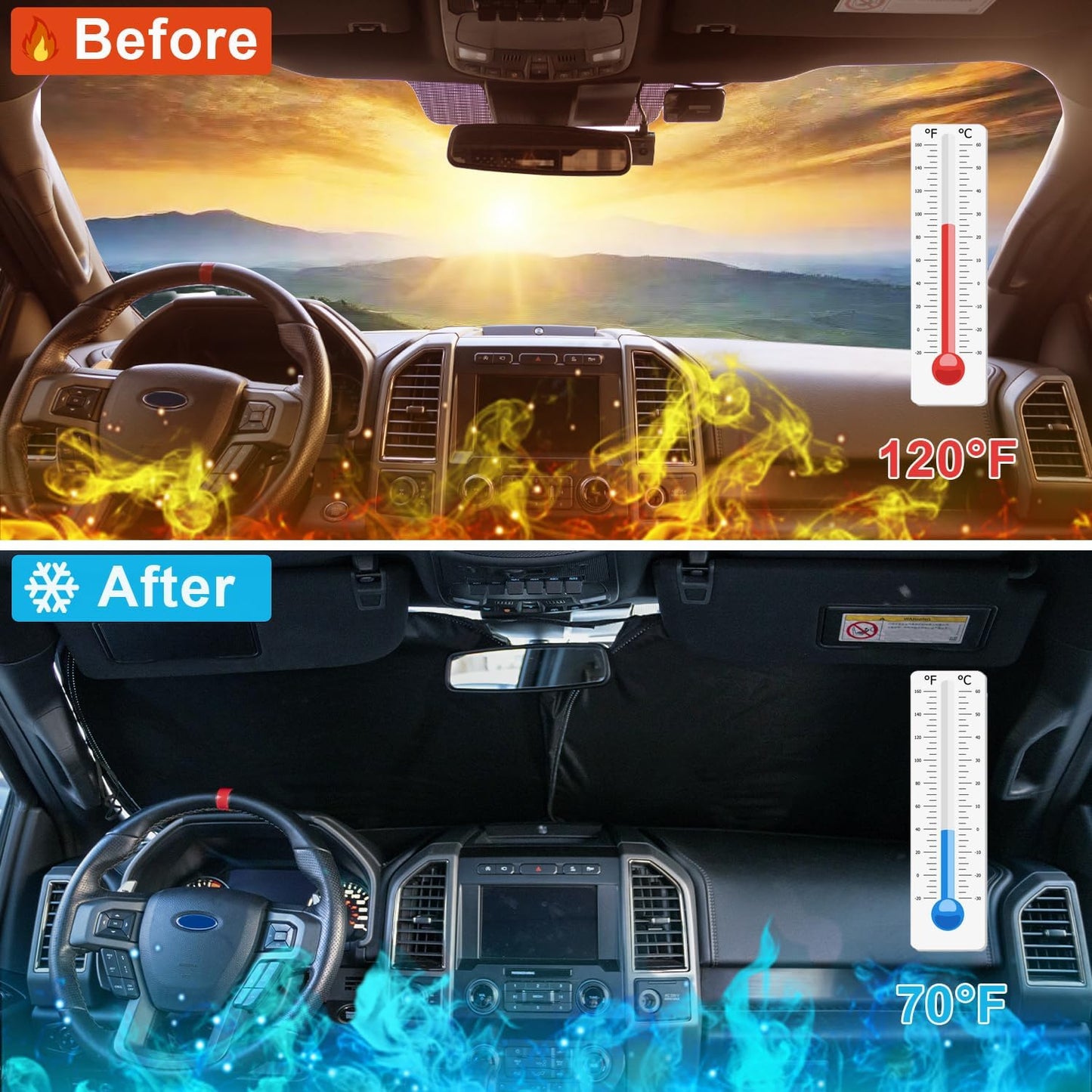 PIMCAR Windshield Sunshade for Ford F-150 2015-2020 | Premium 310T Reflective Polyester UV & Heat Blocker | Reduces Interior Temperature, Foldable with Storage Pouch