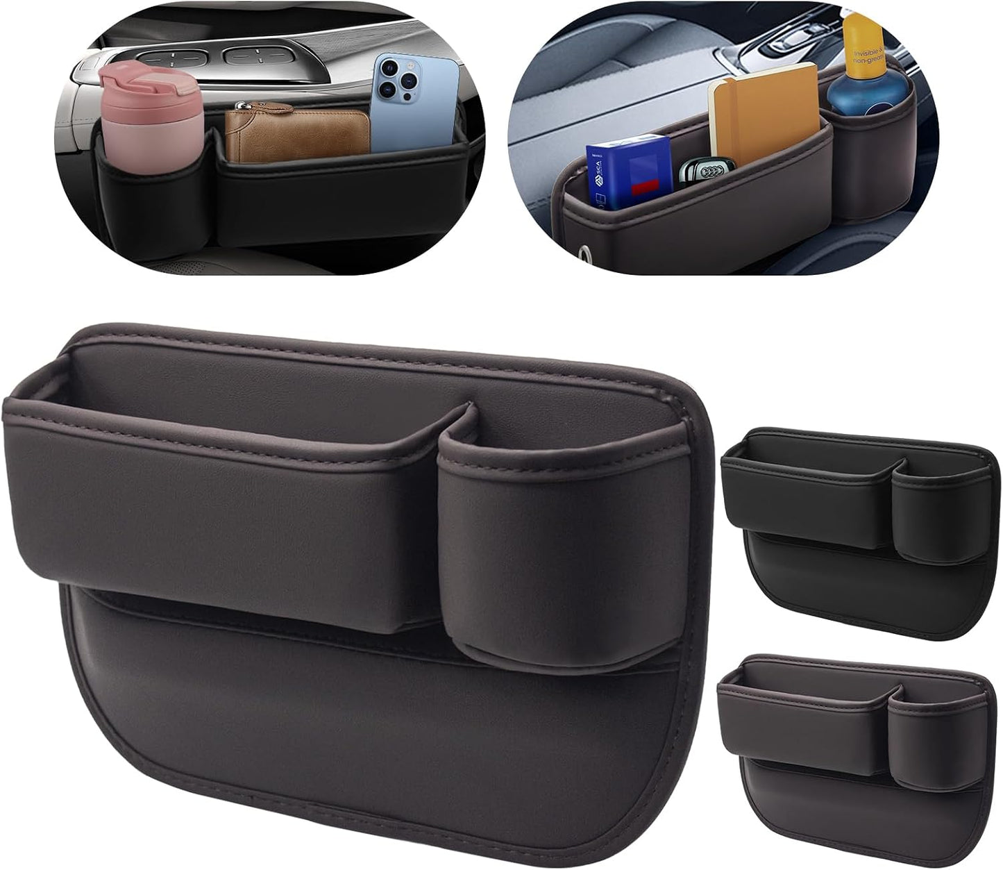 Car Leather Cup Holder Gap Bag 2-Piece Car Seat Gap Filler with Cup Holders for Cups Glasses Keycard (Main and Passenger) (Classic Black)