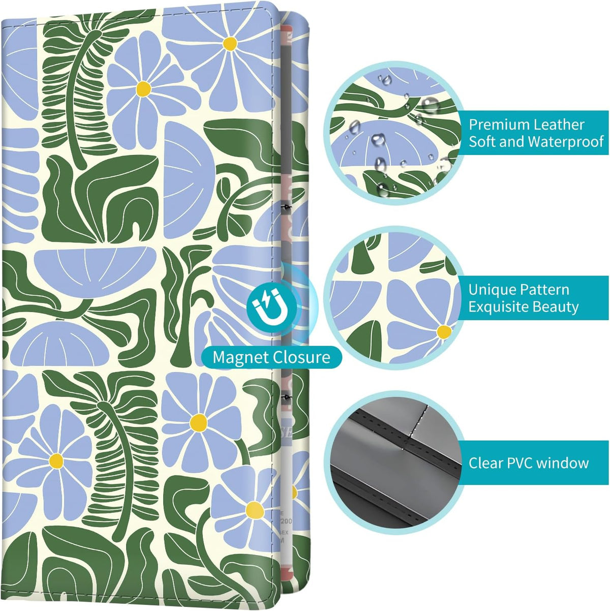 Car Registration and Insurance Holder with Magnetic Shut, Cute Vehicle Glove Box Car Organizer, Premium Interior Car Accessories for Women Men Blue Green Flower Leaf