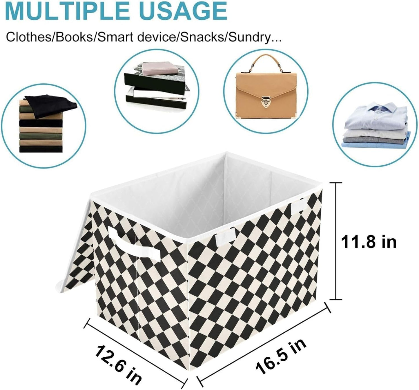 CaTaKu Large Fabric Storage Bins With Lids,Black and White Checkered Storage Boxes With Handles for Organizing Clothes, Collapsible Storage Cube Bins Baskets for Shelves