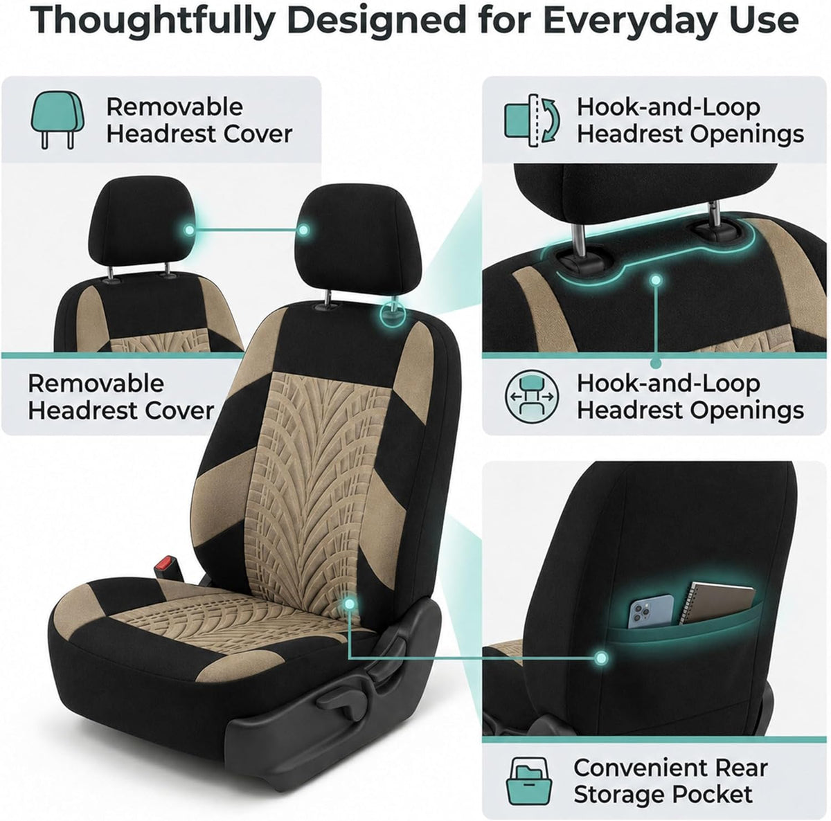 FH Group Front Set Travel Master Car Seat Covers - Covers for Low Back Car Seats with Removable Headrest, Universal Fit, Automotive Seat Cover, Airbag Compatible Car Seat Cover for SUV, Sedan Beige