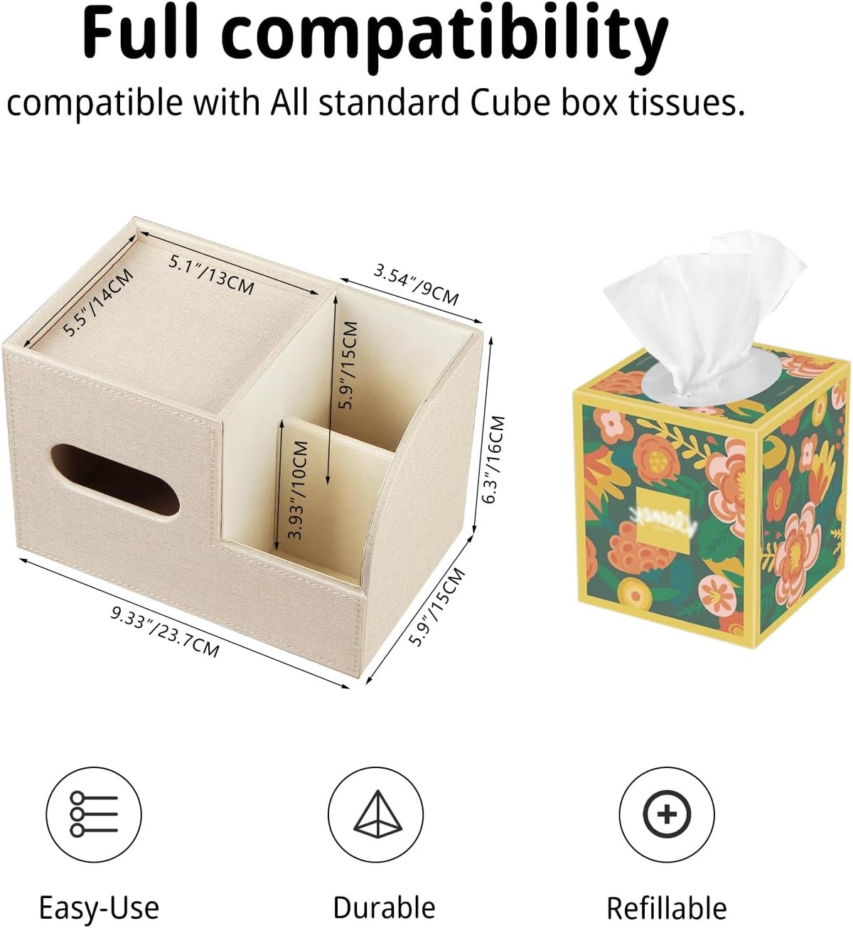 PU Leather Square Tissue Box Cover with Storage Tray,Cube Tissue Box Holder