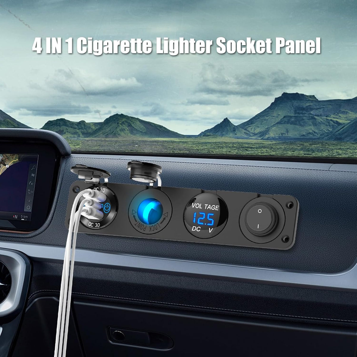 4 in 1-12V USB Outlet RV Accessories Marine Switch Panel Plug, PD3.0 and Dual QC3.0 Car USB Port Aluminum Charger, Lighted 150W Cigarette Lighter Socket, Blue LED Voltmeter and Toggle Switch DIY Kit