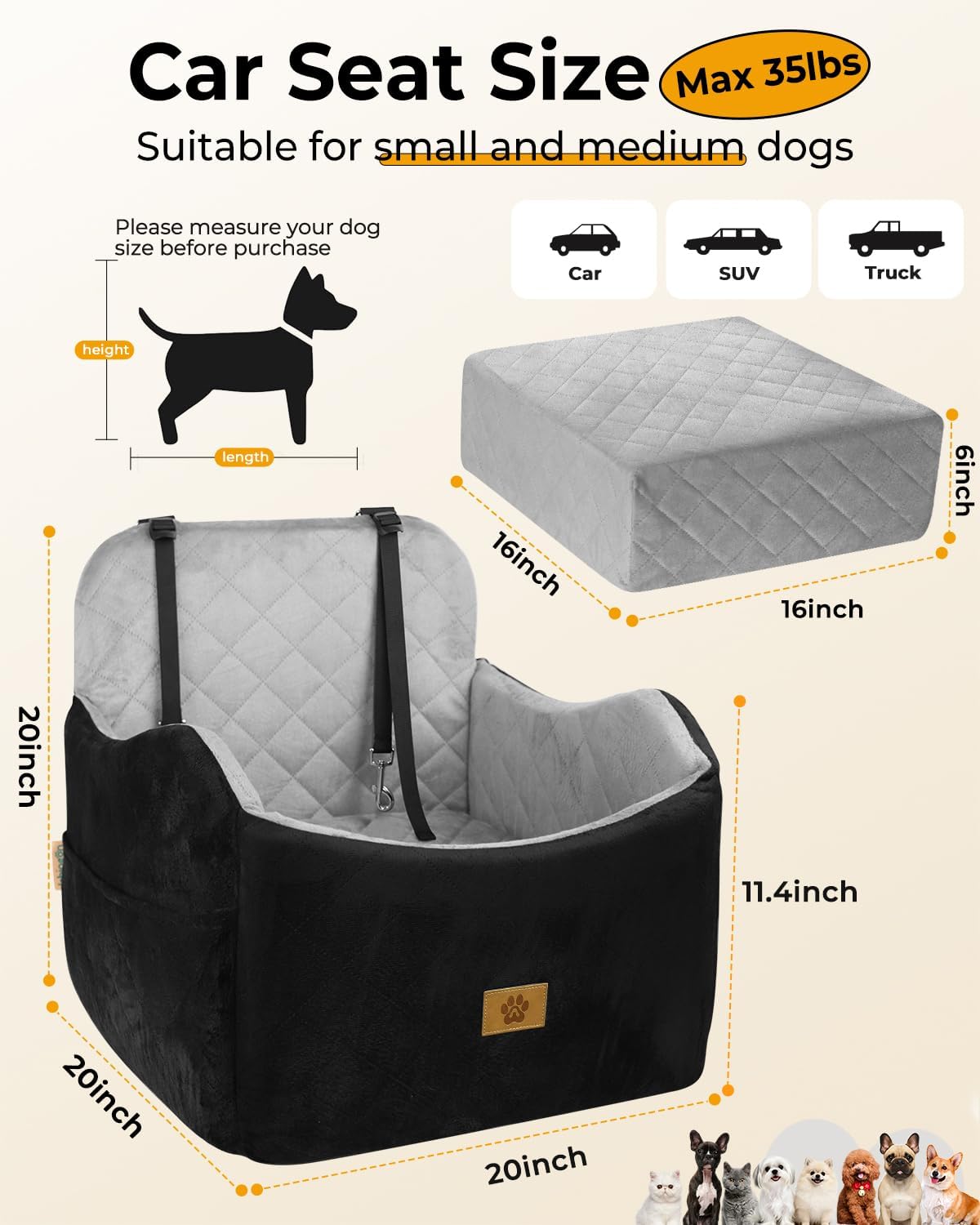 Dog Car Seat for Small/Medium Dogs, Detachable Washable Dog Booster Car Seat Under 35lbs, High-Support Memory Foam,Travel Bed with Storage Pockets