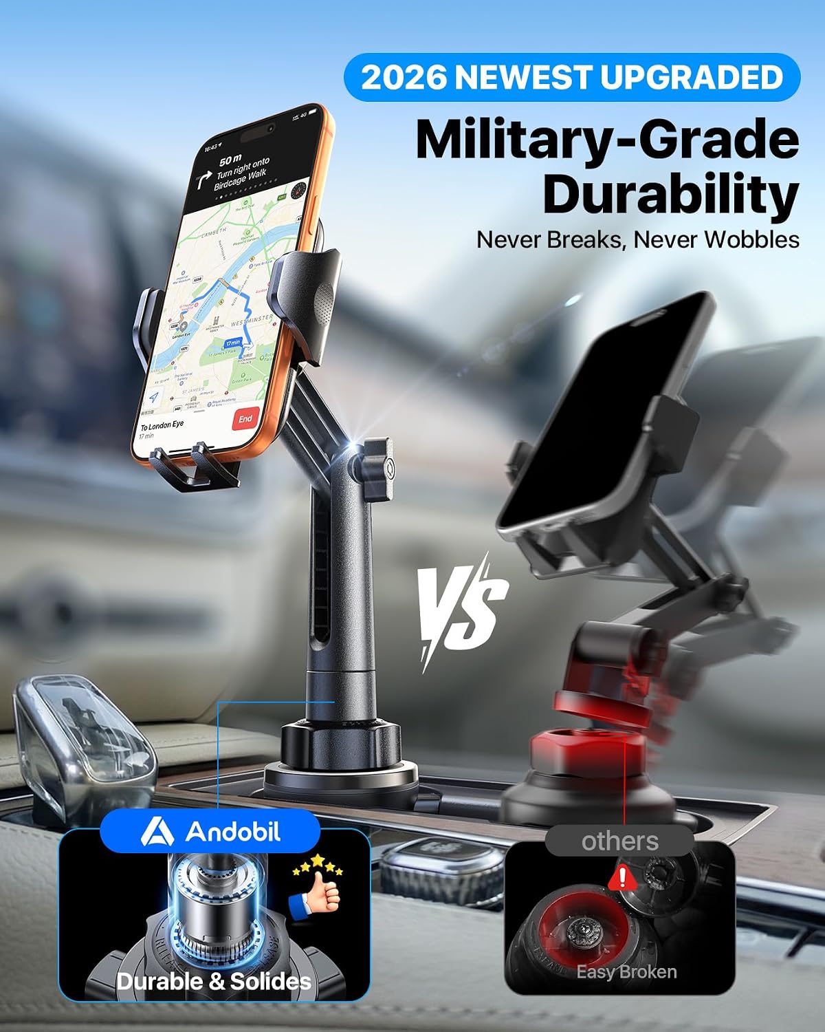 andobil [Upgrade Version Cup Phone Holder for Car Universal Adjustable Long Neck Car Phone Mount Cradle Friendly Compatible with iPhone Samsung Google and All 4.0-7.0 inches Smartphones