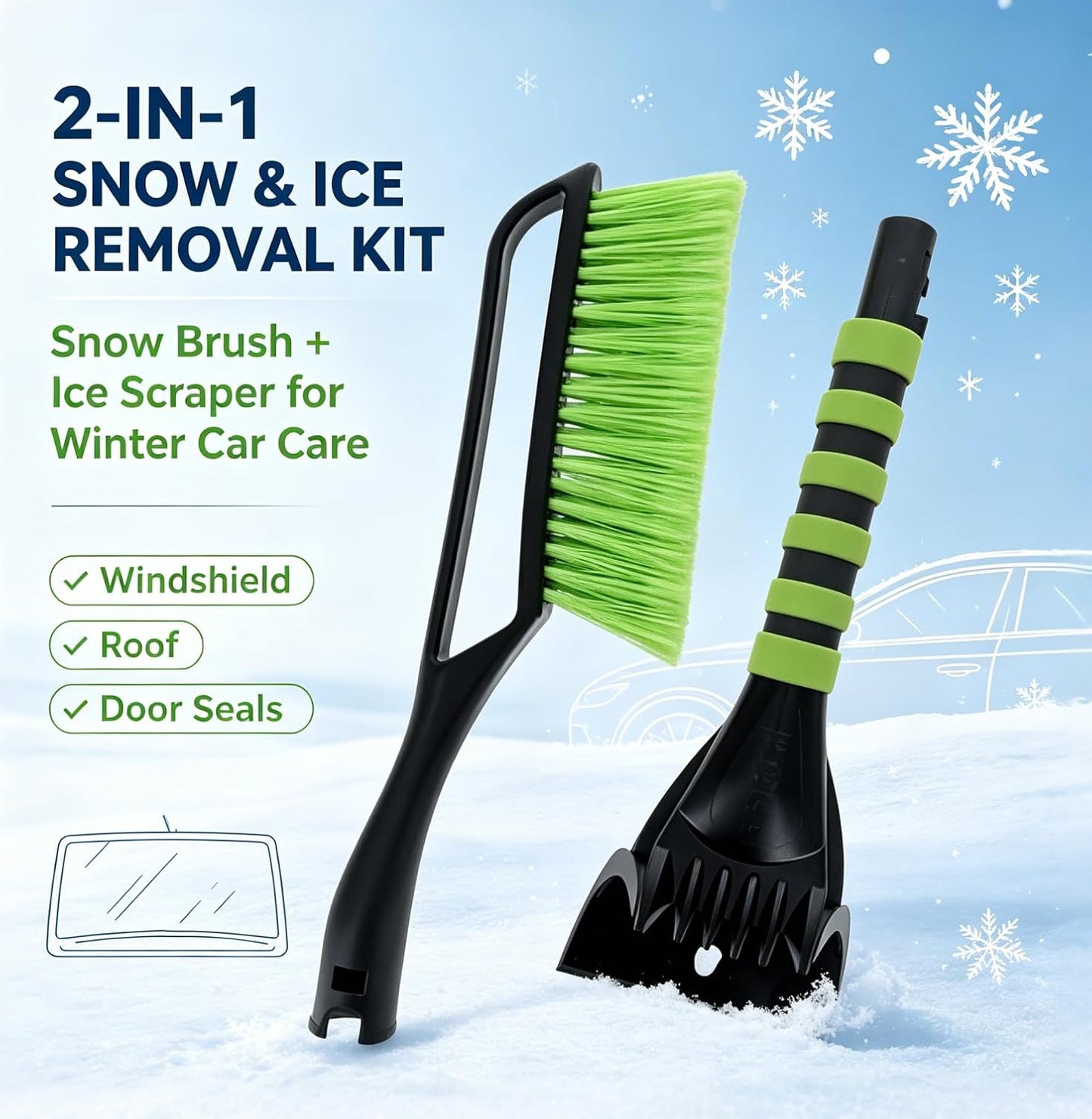 2 Pack Car Snow Removal Kit, Includes 2 Ice Scrapers + 2 Snow Brooms, 14 Inch Dual-Head Winter Car Snow Brush Set with Storage Pouches for Car Windshield Roof Snow Clearing