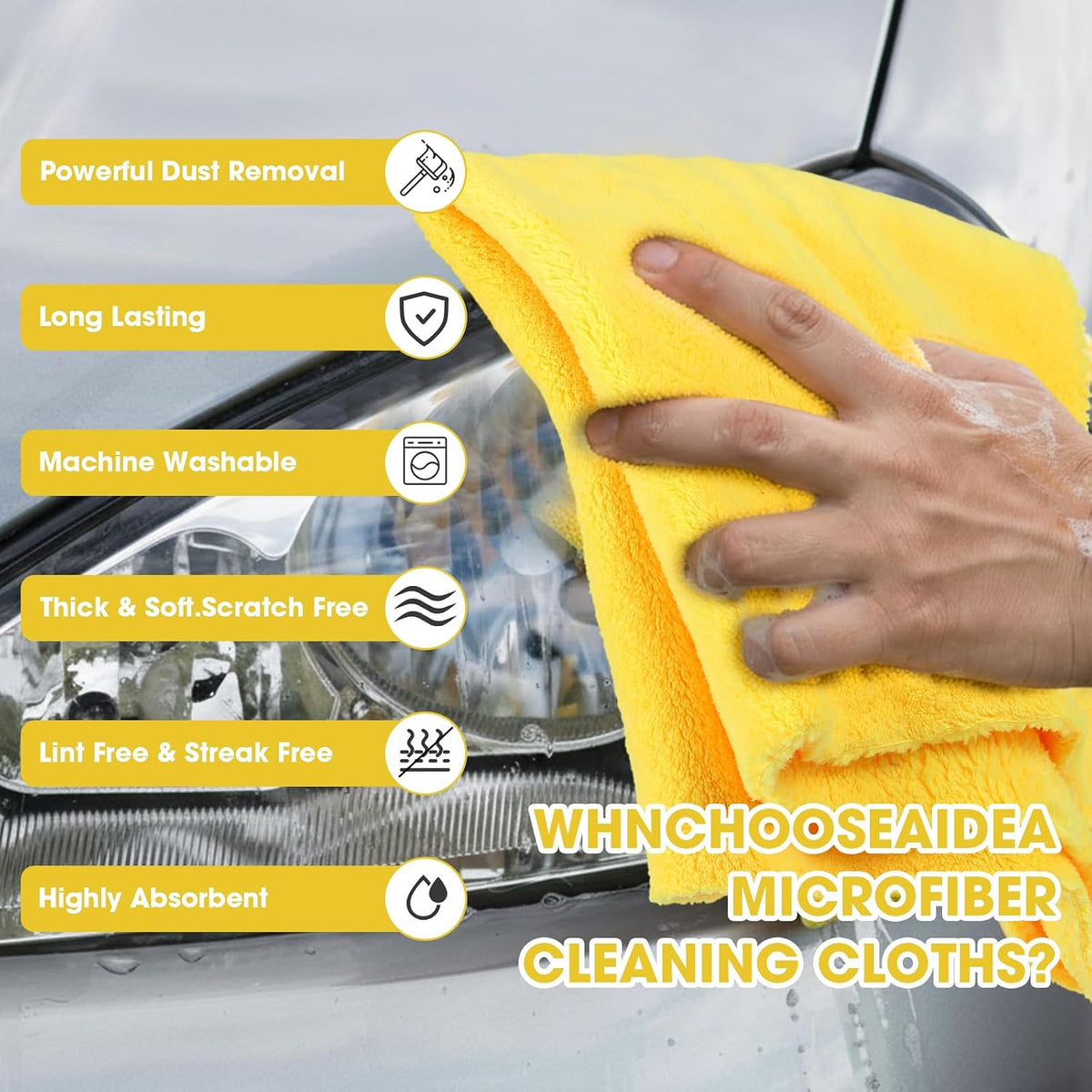 Shimeyao 30 Pcs 16 x 16 Inch Edgeless Microfiber Plush Towels for Cars Detailing Drying Wash Polishing Absorbent Cleaning Cloths, 500 GSM (Black, Yellow)