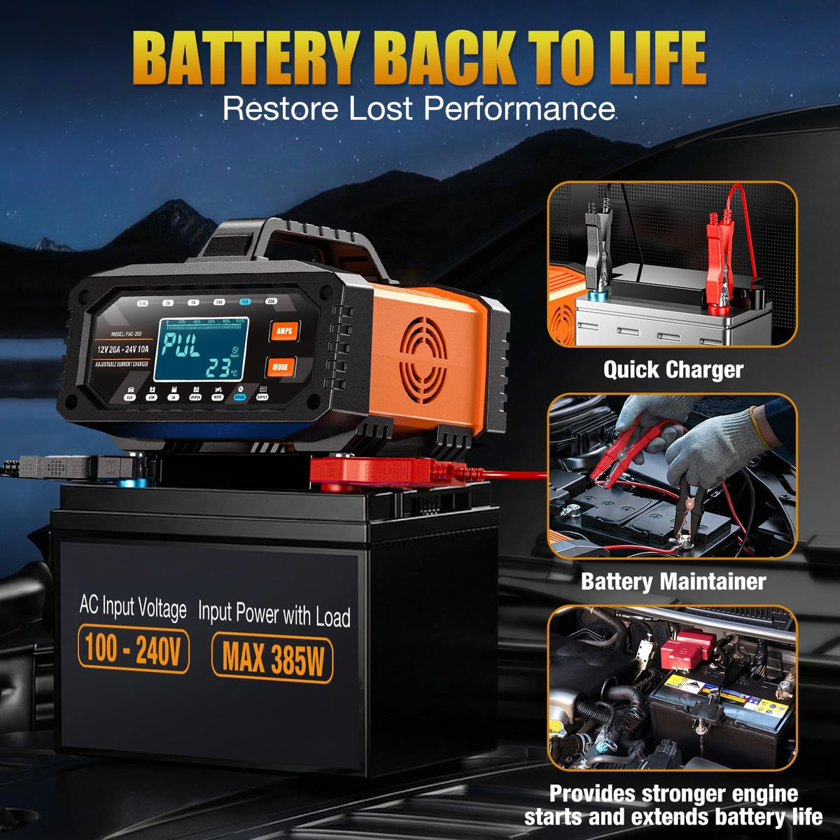 Upgraded Battery Charger 0-20A 12V/24V Adjustable Current Battery Charger,