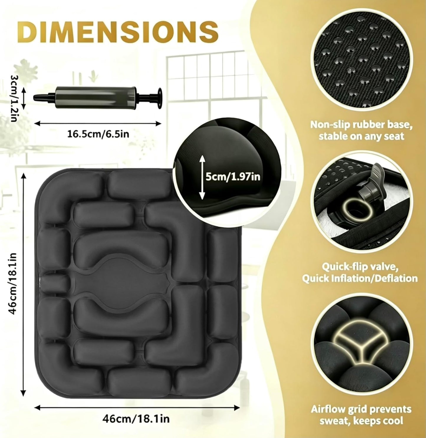 Sondor Inflatable Travel Seat Cushion, Ergonomic Cutout for Long Sitting | Press-to-Inflate Cushion for Airplane, Car, Office & Wheelchair; Hollow Cutout boosts airflow & eases hip pressure