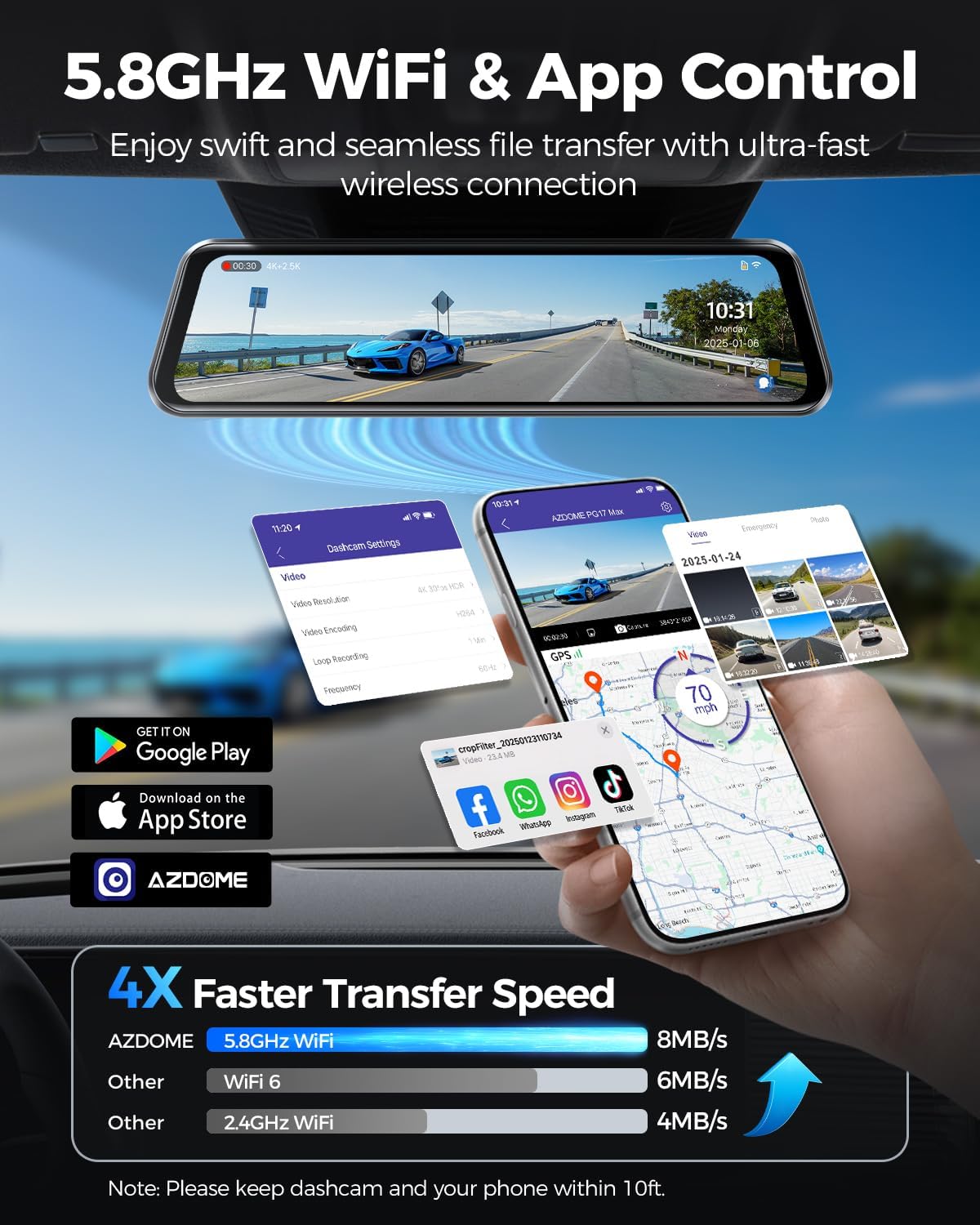 AZDOME 4K+2.5K Mirror Dash Cam with AR effects, ADAS, BSD & LCA Rear View Mirror Camera, 12" Rearview Mirror Camera, 5.8GHz WiFi, Voice Control, GPS, backup camera mirror Includes 64GB Card (PG17 Max)