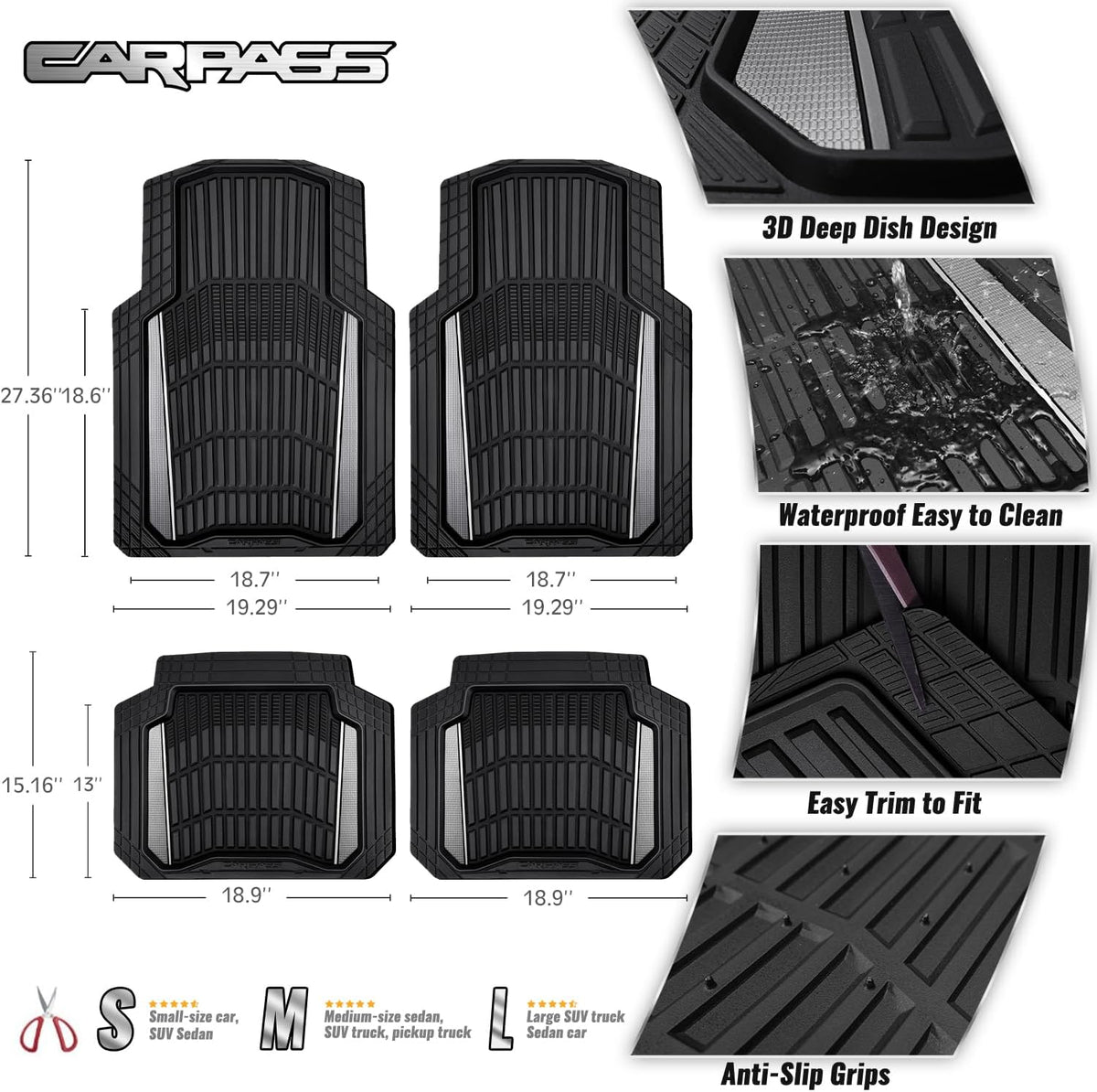 CAR PASS Heavy Duty Rubber Car Floor Mats, Deep Waterproof Car Floor Mats All Weather, Aluminum Film Floor Mats for Cars Non-Slip Universal Trim to Fit for SUVs Trucks Sedans Vans, Black Grey Metallic
