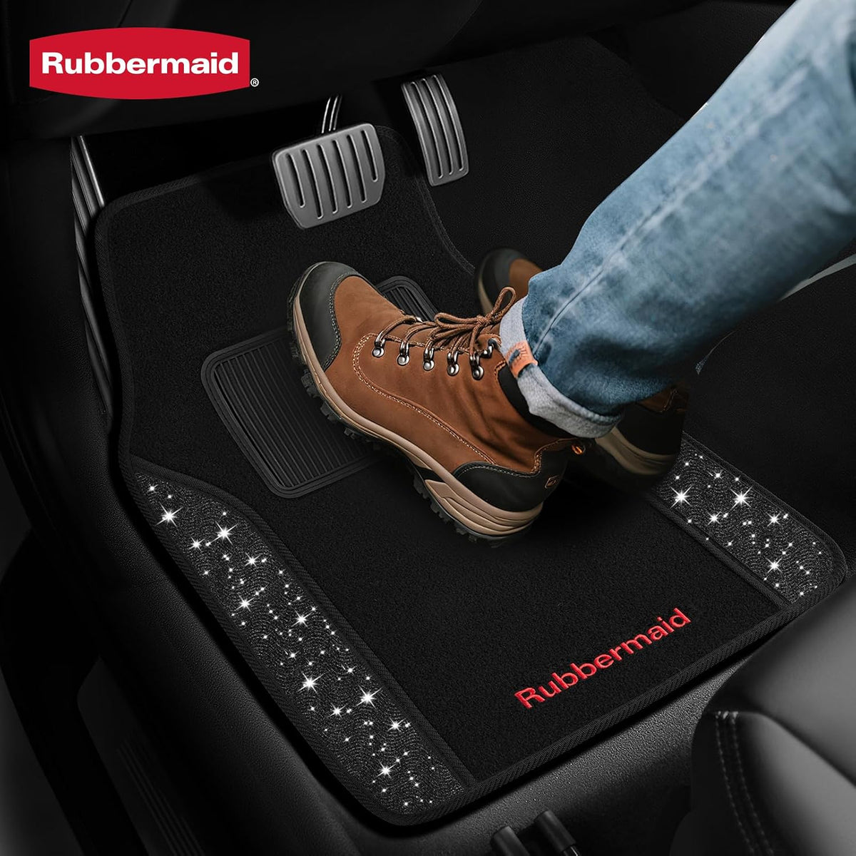Rubbermaid Bling Car Mats, Carpeted Floor Car Mat with Faux Leather & Built-in Heel Pad, Two-Tone Car Rug Floor Mats, Stylish Carpeted Floor Mats for Cars, Trucks & SUVs Glitter Black Color