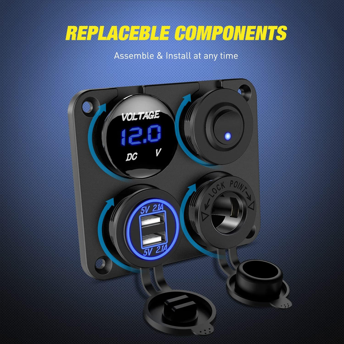 Nilight 4 in 1 ON OFF Charger Socket Panel Dual USB Charger Power Outlet LED Voltmeter Cigarette Lighter Socket LED On Off Rocker Toggle Switch for Truck Car Marine Boats RV, 2 Yeas Warranty