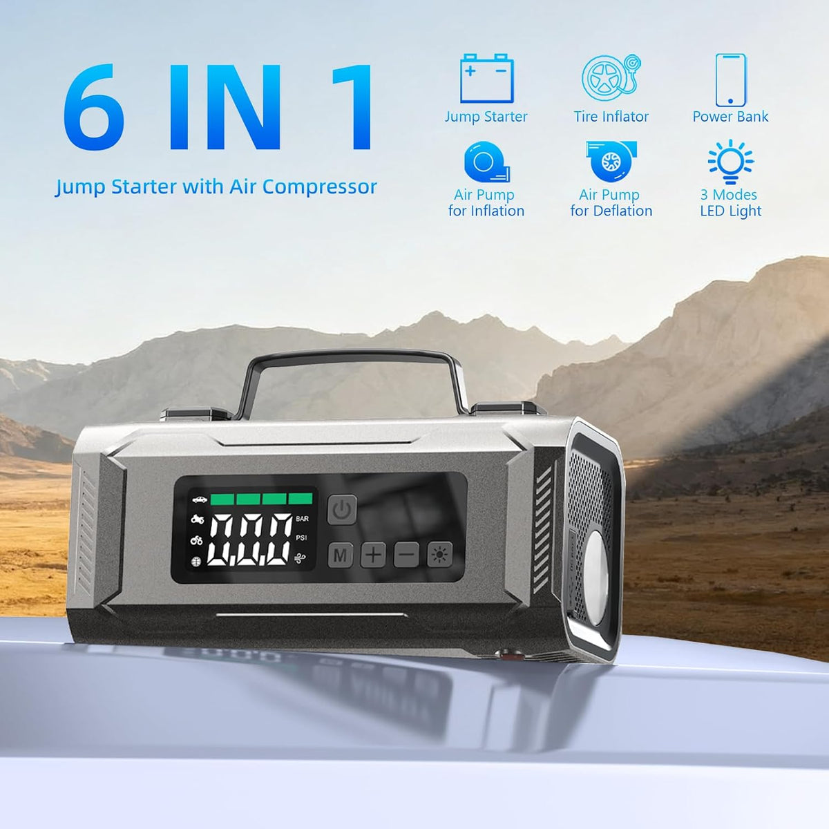 6-in-1 Jump Starter with Air Compressor, 14800mAh Portable Car Battery Booster, 12V Jumper Box with 150PSI Tire Inflator, LED Light, Air Pump for All Gas/8.0L Diesel