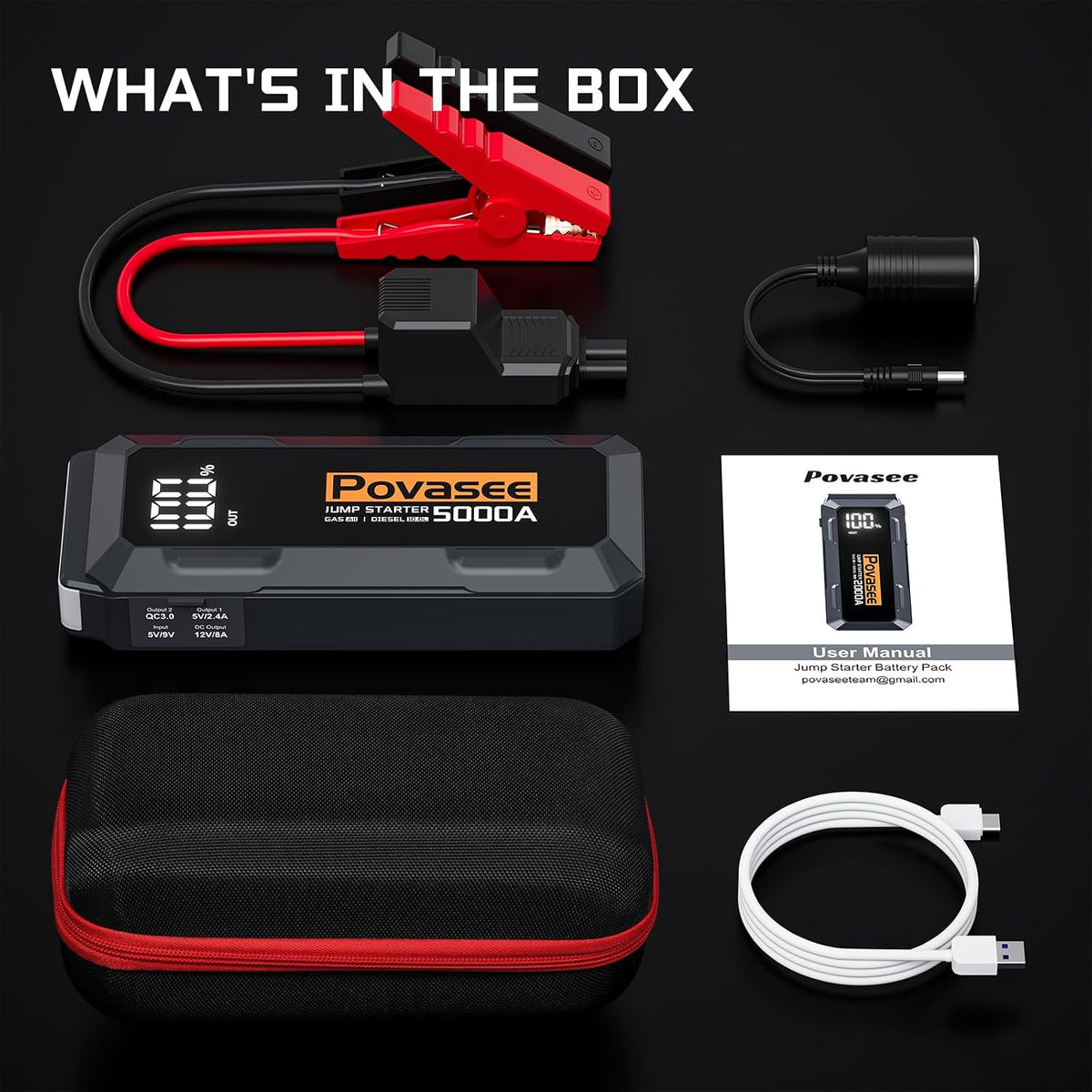 Povasee Car Battery Jump Starter 5000A Jump Box (All Gas/10L Diesel) Portable Car Jump Starter Battery Pack, 12V Jumper Starter Portable 3" LCD Display/Dual Output/LED Light DC