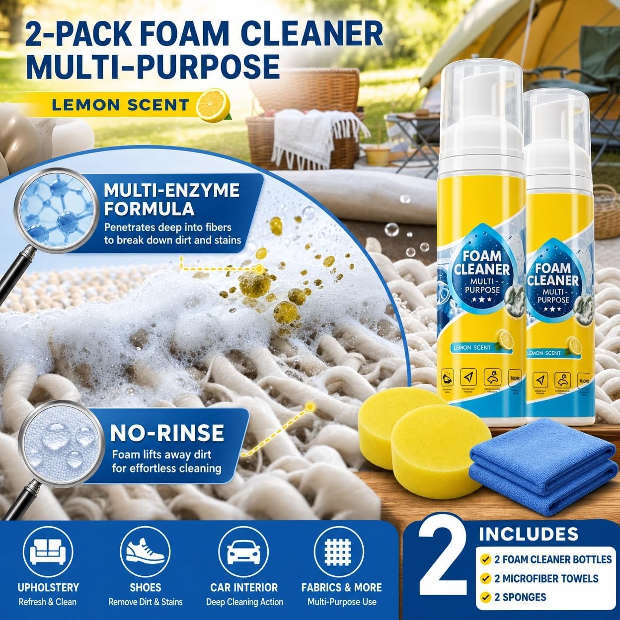 Car Interior Foam Cleaner Kit, No-Rinse Spray, 2 x 4 fl oz | 2 x 4 fl oz no-rinse car interior foam cleaner kit with 2 towels and 2 sponges for dashboard, seats, carpet and upholstery