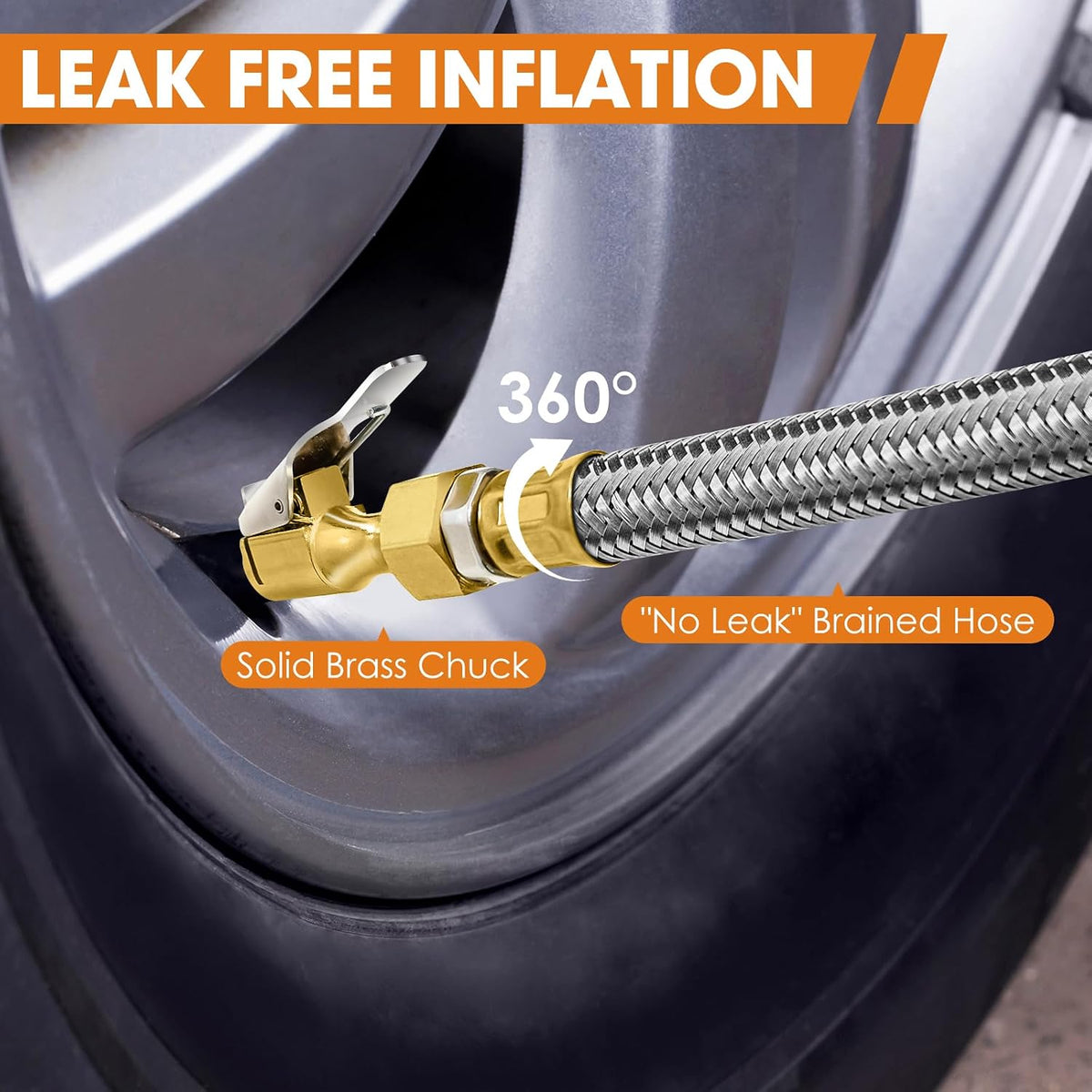 Digital Tire Pressure Gauge with Inflator, 250 PSI Heavy Duty Air Chuck Air Compressor Attachments, Improved Leaks Protection & Stainless Braided Hose Tire Gauge, 0.1 Display Resolution