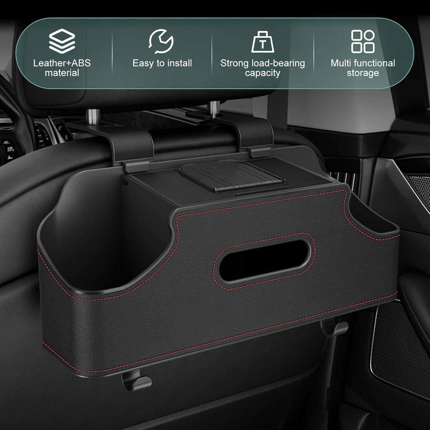 Car Seatback Organizer with Cup Holder, Leather Headseat Tissue Box and Storage Box, Multifunction Auto Rear-mounted Mobile Phone Holder, for Most Cars (Black)