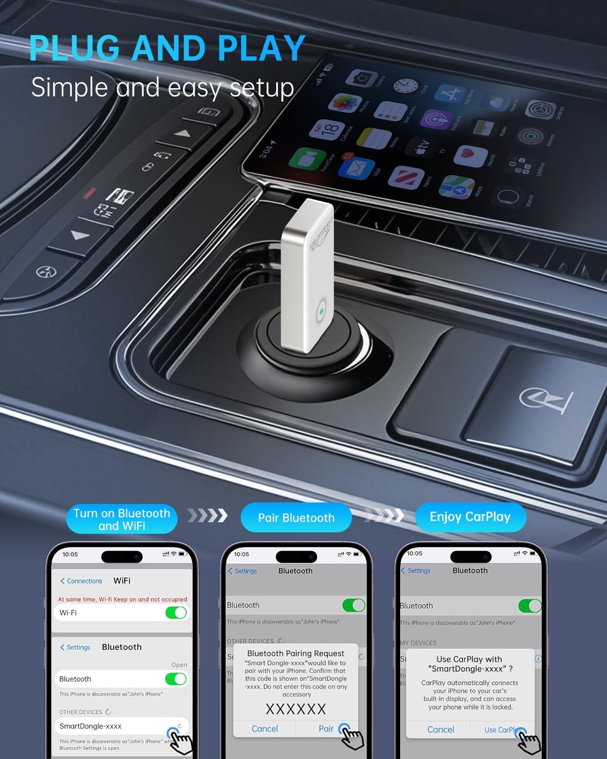 TiMOVO Wireless CarPlay Adapter for iPhone, Automatic Connection, White