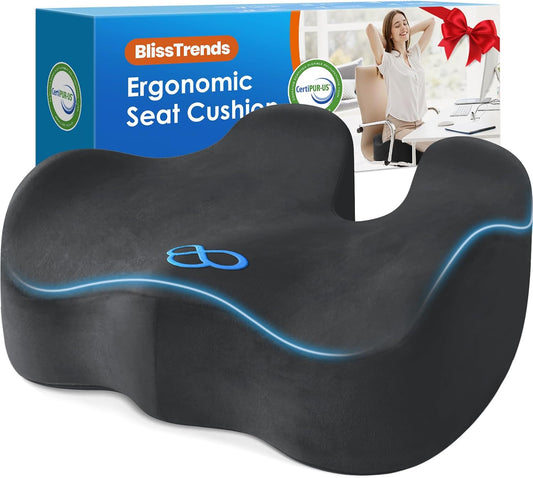 BlissTrends Extra Thick Seat Cushion for Office Chair & Car Seat,Grey | Tailbone & Sciatica Relief, Ergonomic Support, High-Density Memory Foam, Comfort for Extended Sitting